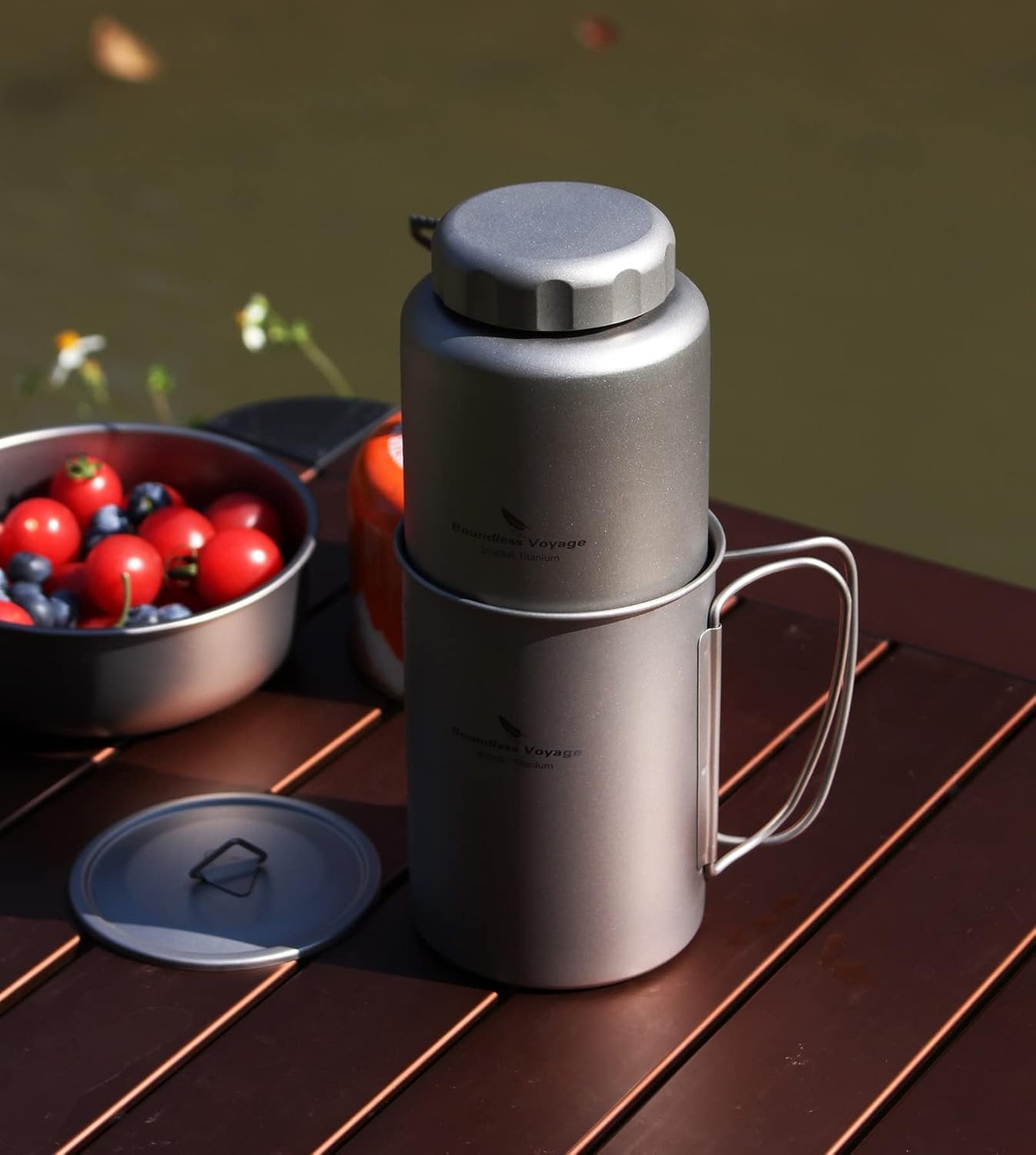 Boundless Voyage Titanium 1050ml Water Bottle with Nesting 600ml Cup Mug Lightweight Portable Drinkware for Outdoor Camping Hiking Backpacking (Bottle+Cup Set)