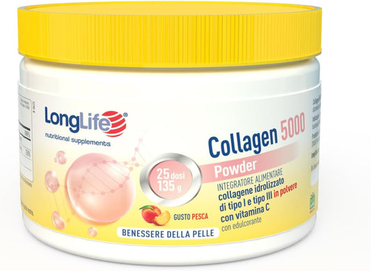 LongLife® Collagen 5000 Powder | Type I and III Hydrolyzed Collagne Powder | Skin Wellness | 25 Doses | Peach and Gluten Free Flavour