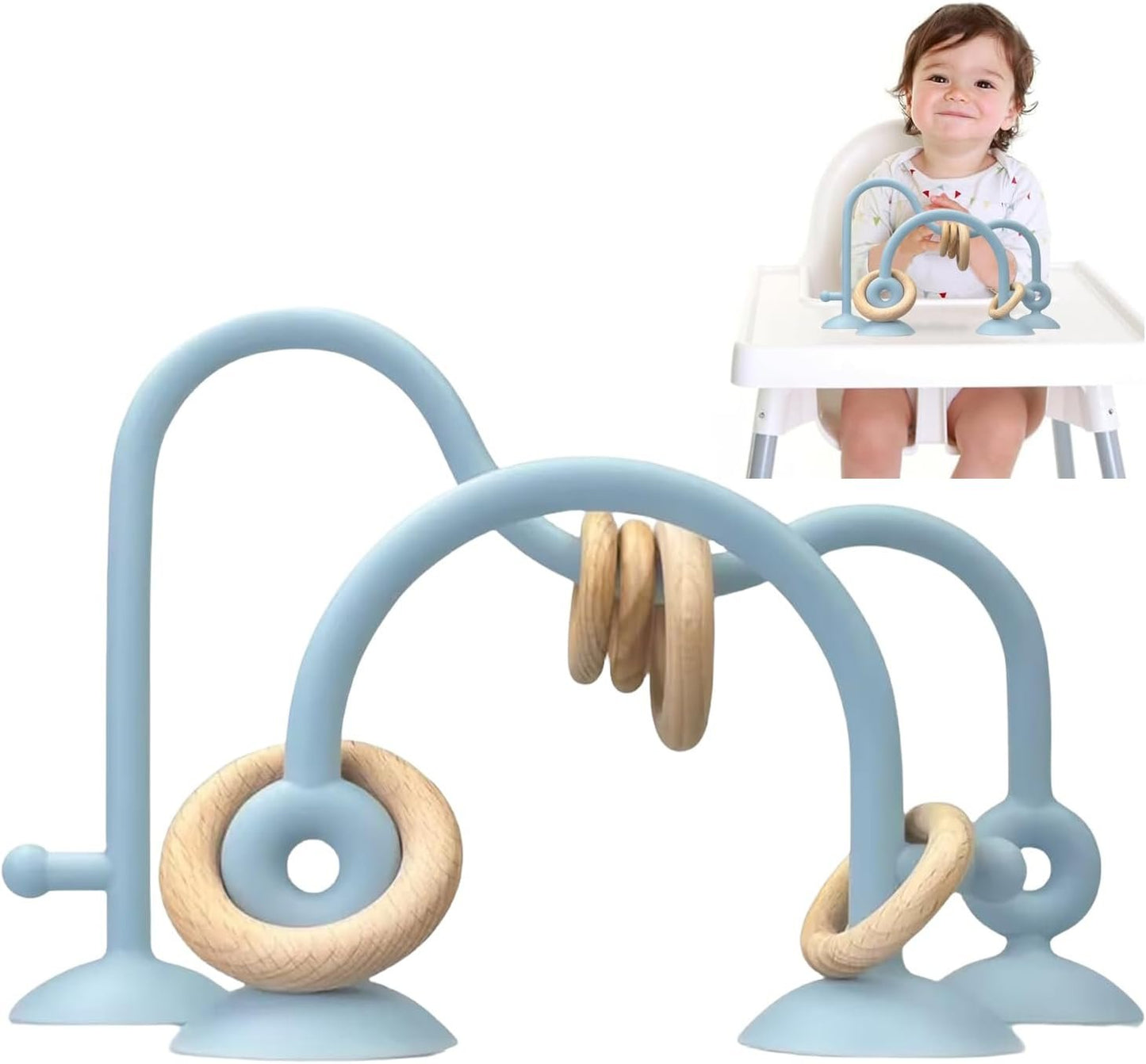 LYNSAN Suction Cup Toys Baby Silicone High Chair Toy with Wooden Rings Educational Montessori Sensory Learning Toys Gift for Kindergarten Bath Airplane Travel Car Toddlers Kids Boys Girls, Blue