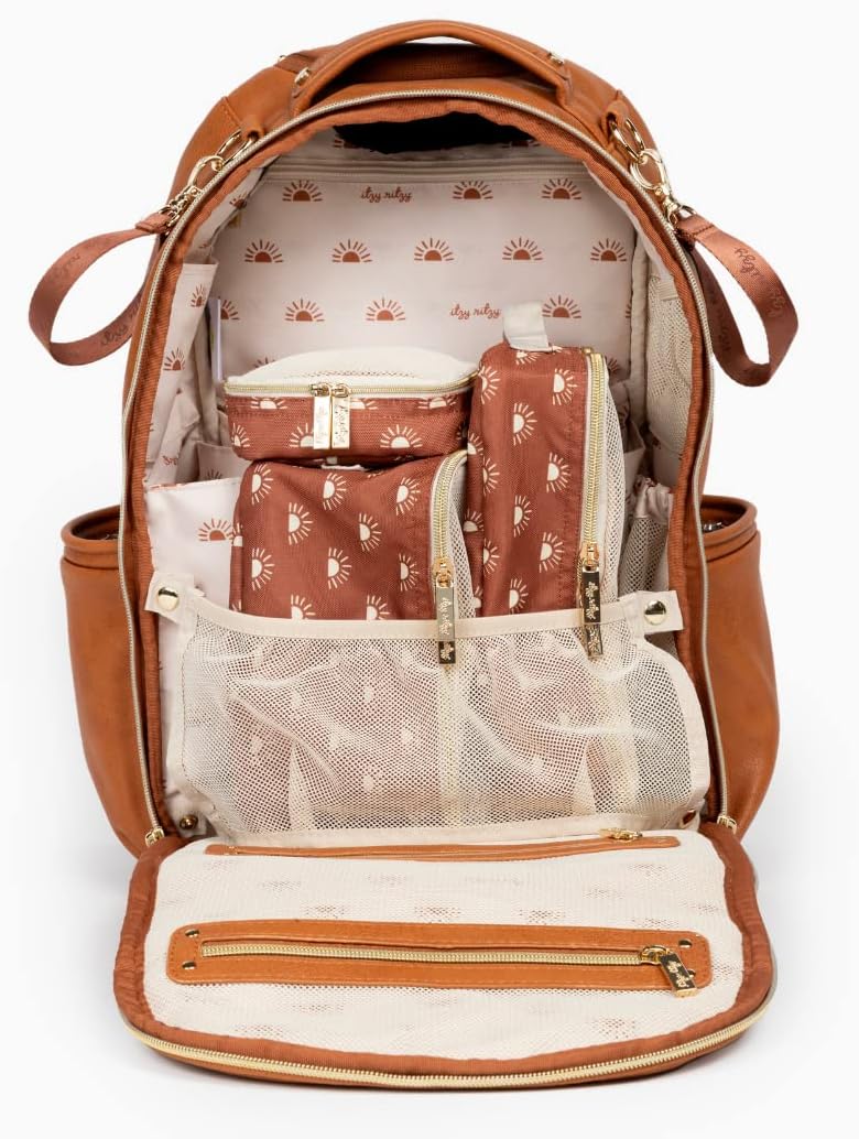 Itzy Ritzy Packing Cubes – Set of 3 Packing Cubes or Travel Organizers; Each Cube Features a Mesh Top, Double Zippers and a Fabric Handle; Terracotta Sunrise