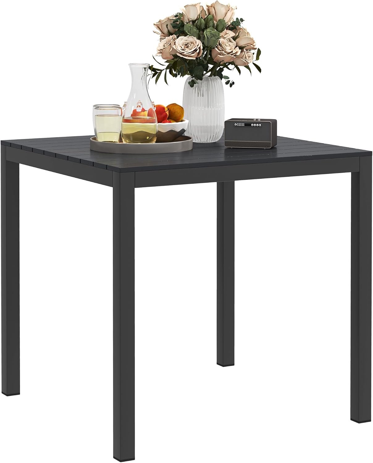 Outsunny 29" Aluminum Outdoor Dining Table for 4, Patio Table with Wood Grain Table Top, for Garden, Lawn, Balcony, Deck, Black