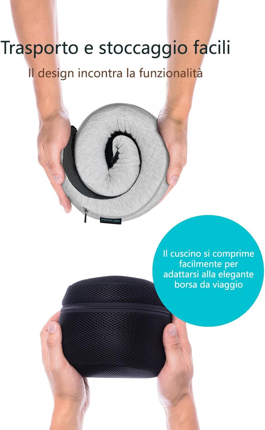 Proglobe Neck Travel Pillow - Neck Pillow, 100% Memory Foam, Sleep Pillow, Ideal for Travel by Plane, Car, Train, with 3D Mask, and Premium Mesh Bag, Grey