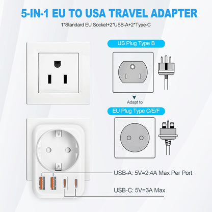 Clomnpe 2 x American Plug Adapter, 5 in 1 US Plug Italian Adapter, USA Travel Adapter with 2 USB A and 2 USB C, USA Adapter for America, Canada, Mexico, Thailand (Type B Plug)