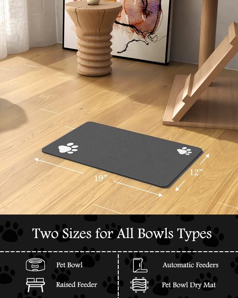 PADOOR Pet Feeding Mat - Absorbent Dog & Cat Mat for Food & Water Bowls - No Stains, Quick Dry, Anti-Leakage & Anti-Slip - Black Rubber Mat for Messy Drinkers