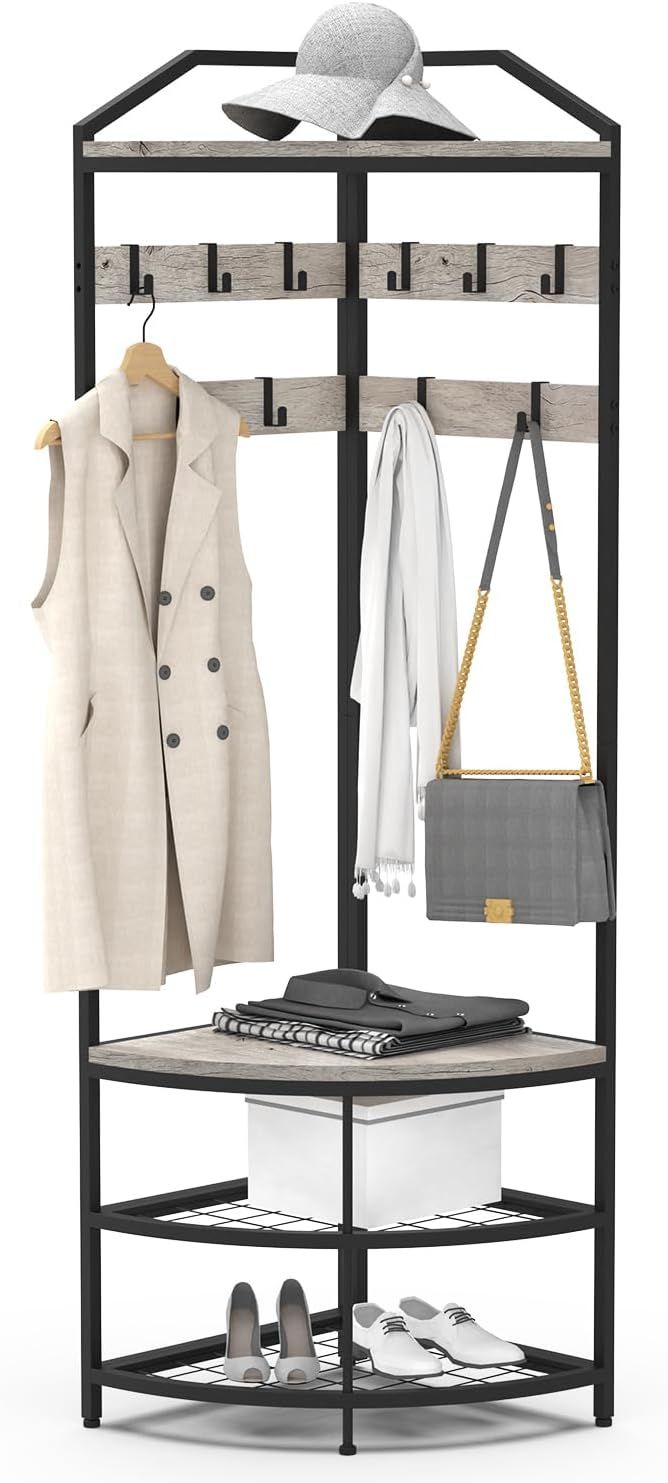 VEDECASA Metal Corner Coat Rack with 12 Movable Hooks for Hallway Living Room Bedroom Office Hallway Entrance Grey