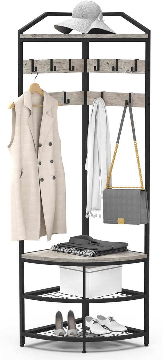 VEDECASA Metal Corner Coat Rack with 12 Movable Hooks for Hallway Living Room Bedroom Office Hallway Entrance Grey