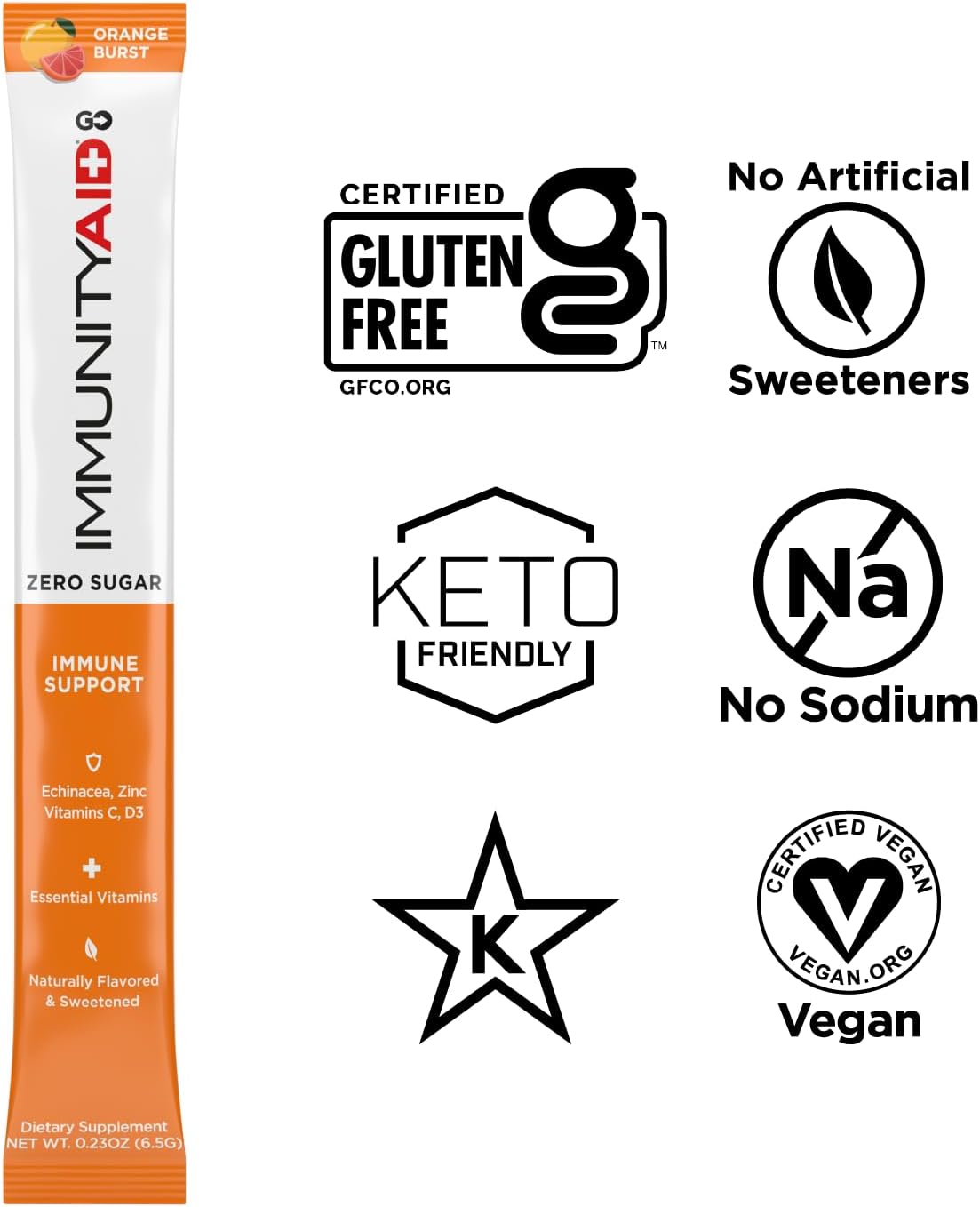 LIFEAID IMMUNITYAID GO! ZERO SUGAR Immunity + Hydration Packet, Vitamin C, Echinacea, Zinc, Astragalus Root, Keto-friendly, Vegan & Gluten-Free, 5 calories, Naturally Sweetened, No Caffeine, 20 Pack
