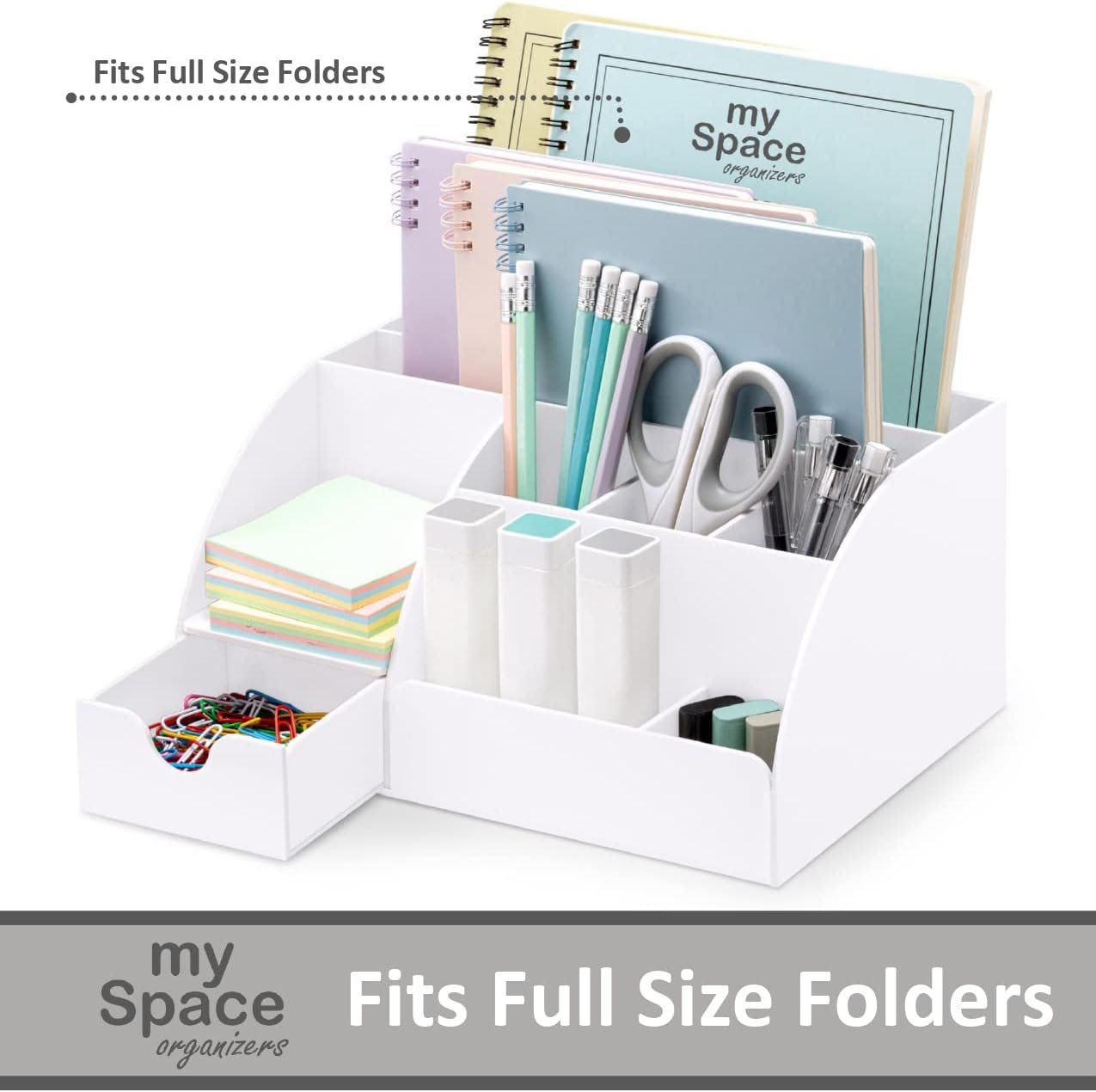 Office Desk Organizer, White Acrylic with Drawer, 9 Compartments - All in One Office Supplies and Cool Desk Accessories Pen Holder, Enhance Your Office Decor Desktop (White).