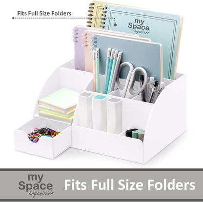 Office Desk Organizer, White Acrylic with Drawer, 9 Compartments - All in One Office Supplies and Cool Desk Accessories Pen Holder, Enhance Your Office Decor Desktop (White).