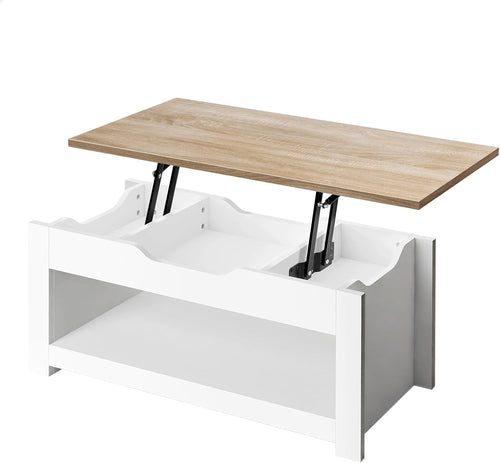 ALFORDSON Multifunctional Lift-Top Coffee Center Table Wood White Color, Dining Table for Living Room, Office, Reception & Dining, Featuring Rising Tabletop Surface, Hidden Compartment & Open Shelf