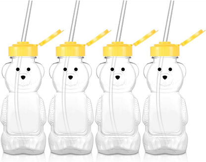 4 Pieces Juice Bear Bottles Honey Bear Drinking Bottles Plastic Reusable Drinking Cups with 4 Pieces Soft Silicone Straws for Daily Drinking Supplies (Yellow)