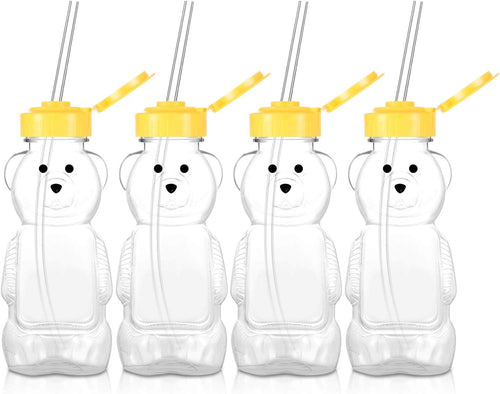 4 Pieces Juice Bear Bottles Honey Bear Drinking Bottles Plastic Reusable Drinking Cups with 4 Pieces Soft Silicone Straws for Daily Drinking Supplies (Yellow)