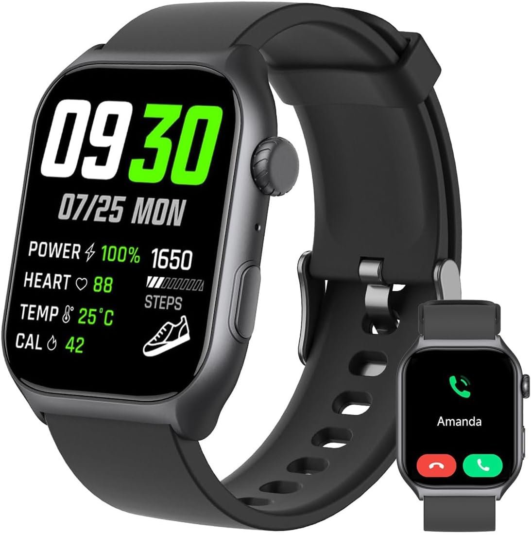 Smart Watch for Men Women, 2.0" HD Touch Screen Fitness Tracker, Bluetooth Calling, 100+ Sports Modes, DIY Dial, 24H Heart Rate Sleep Monitor, IP68 Waterproof, Compatible with Android & iOS (Black)