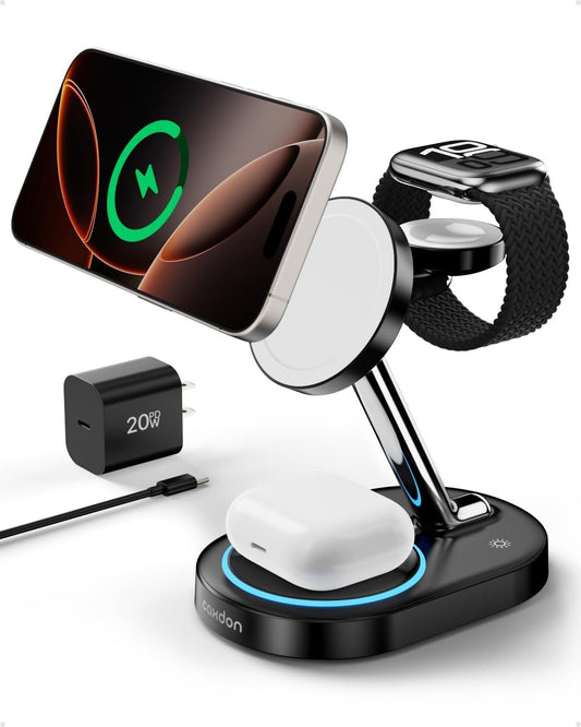 Caxdon Fast Charging Station for Apple MagSafe Devices, 3 in 1 Magnetic Charger Stand for iPhone 16~12, Wireless Charging Station for Apple Watch 10~1/Ultra 2/1 and AirPods 4/3/2/Pro/Pro 2(Black)