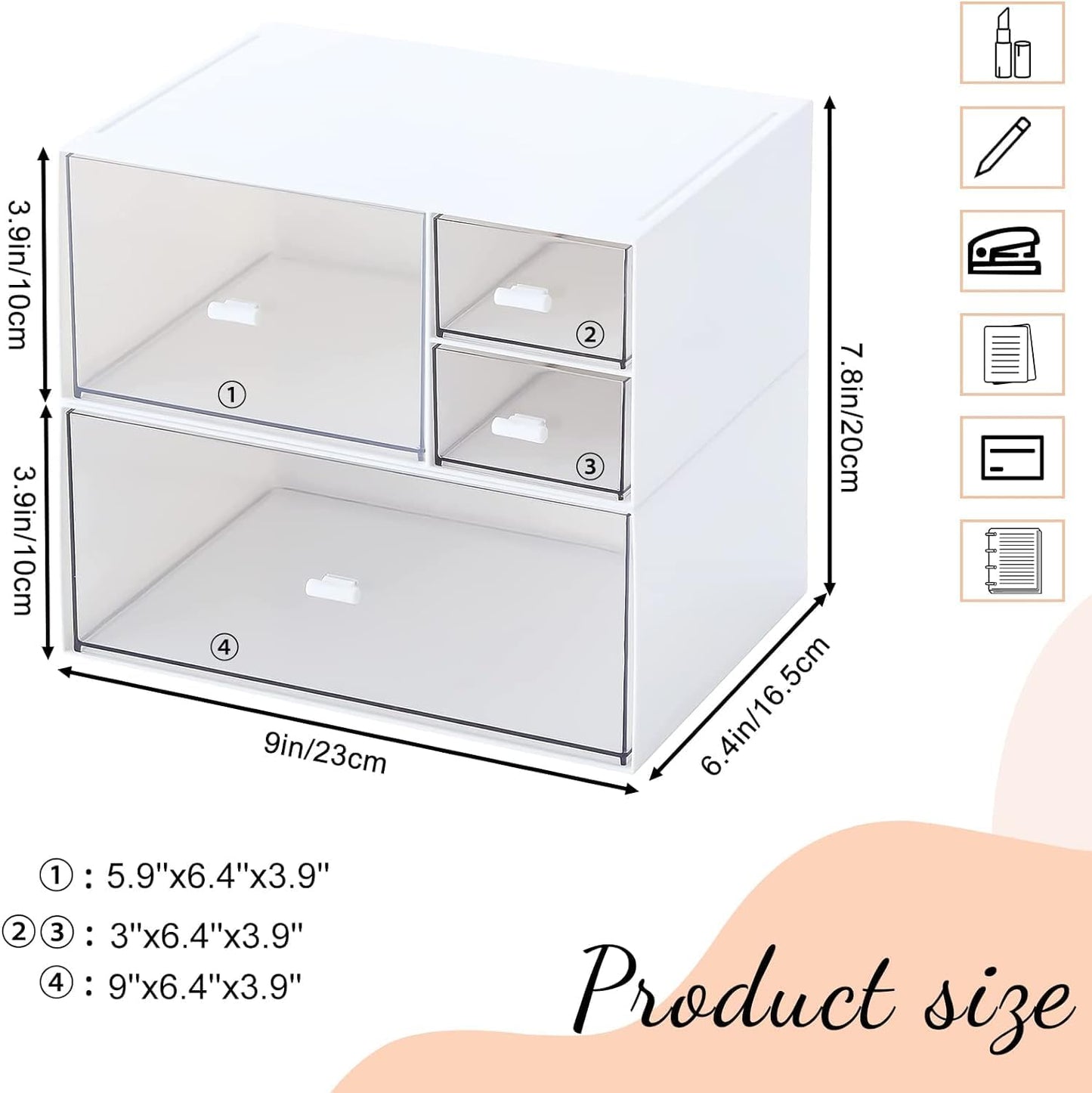 Desk Drawer Organizer, Transparent Makeup Organizer Storage Box with 4 Removable Plastic Drawers, Desk Storage and Accessories for Home Collection Cosmetics Office Bathroom Counter Dressing Table