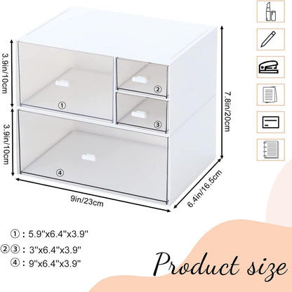 Desk Drawer Organizer, Transparent Makeup Organizer Storage Box with 4 Removable Plastic Drawers, Desk Storage and Accessories for Home Collection Cosmetics Office Bathroom Counter Dressing Table