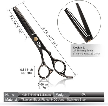 CIICII Professional Hairdressing Scissors, 8 Pieces Hair Scissors Kit (6.7 Inches/Black) & Thinning Scissors & Hair Comb for DIY Hair/Home/Barber