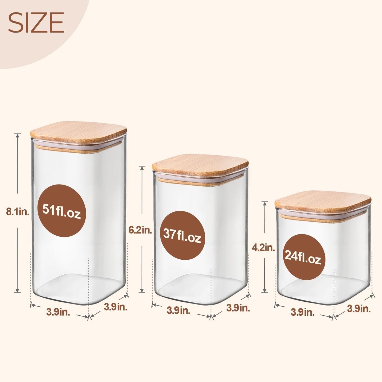 ComSaf Airtight Glass Storage Canister with Bamboo Lid (22oz/37oz/50oz) Set of 6, Clear Food Storage Container Kitchen Pantry Storage Jar for Flour Cereal Sugar Tea Coffee Beans Snacks, Square