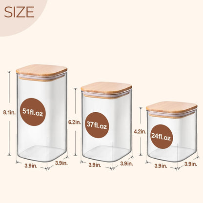 ComSaf Airtight Glass Storage Canister with Bamboo Lid (22oz/37oz/50oz) Set of 6, Clear Food Storage Container Kitchen Pantry Storage Jar for Flour Cereal Sugar Tea Coffee Beans Snacks, Square
