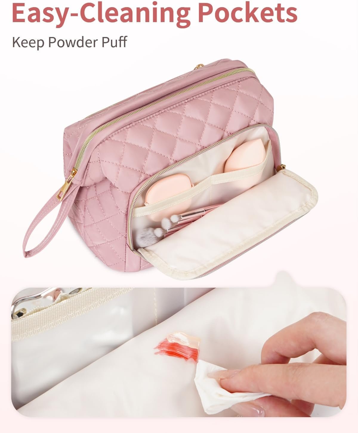 Wandering Nature Makeup Bag,Quilted Make up Bags for Women,Wide-Open Cosmetic Bag, Large Makeup Organizer Case, Travel Pouch for Travel Essentials Toiletries Accessories Brushes, Pink Patent Pending