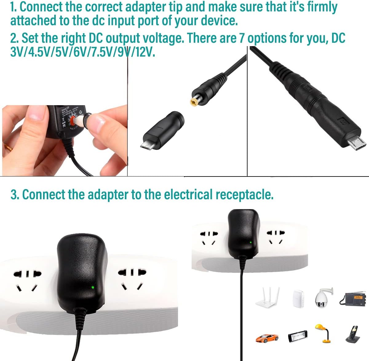 12W Universal AC to DC Power Supply 3 V 4.5 V 5 V 6 V 7.5 V 9 V 12 V 1 A, Multi-voltage Adapter with 8 DC Plugs for Home Electronics