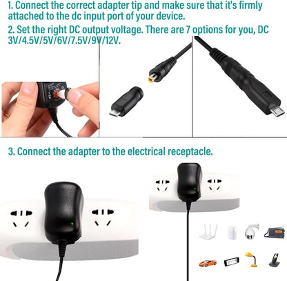 12W Universal AC to DC Power Supply 3 V 4.5 V 5 V 6 V 7.5 V 9 V 12 V 1 A, Multi-voltage Adapter with 8 DC Plugs for Home Electronics