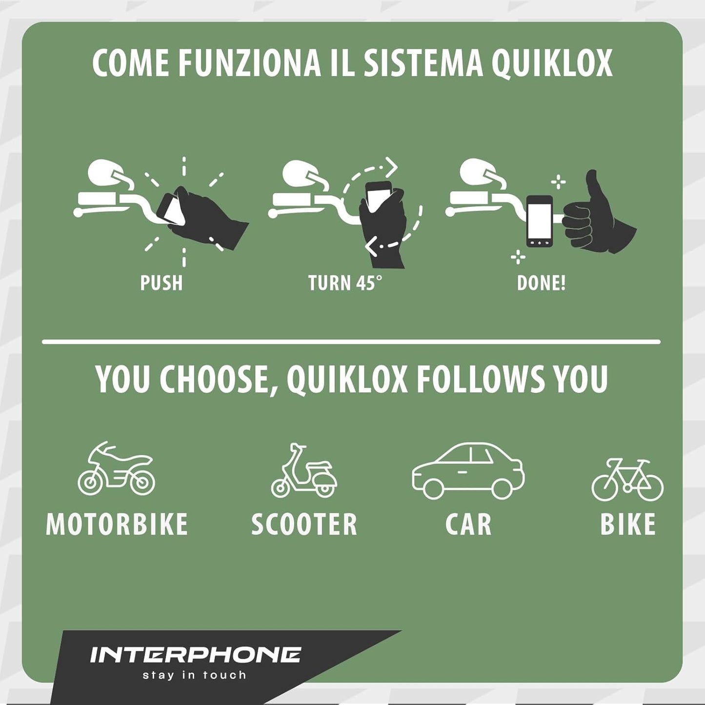 INTERPHONE - Aggangio Manubrio Moto - Supporto da Manubrio per Smartphone dotati di Custodie QUIKLOX - Sistema di Supporto Cellulare per Moto - Universale e Modulare - Aggancio Sgancio Rapido