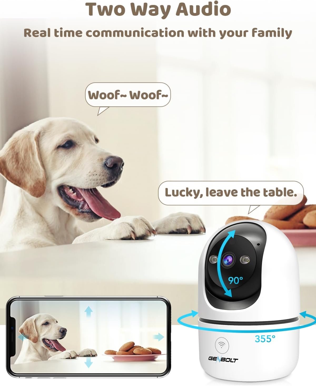 GENBOLT 2K Pet Camera, WiFi Security Camera Indoor,Home Surveillance IP Camera CCTV with Humanoid Detection, Auto Cruise Dog Cam with Audio Alarm