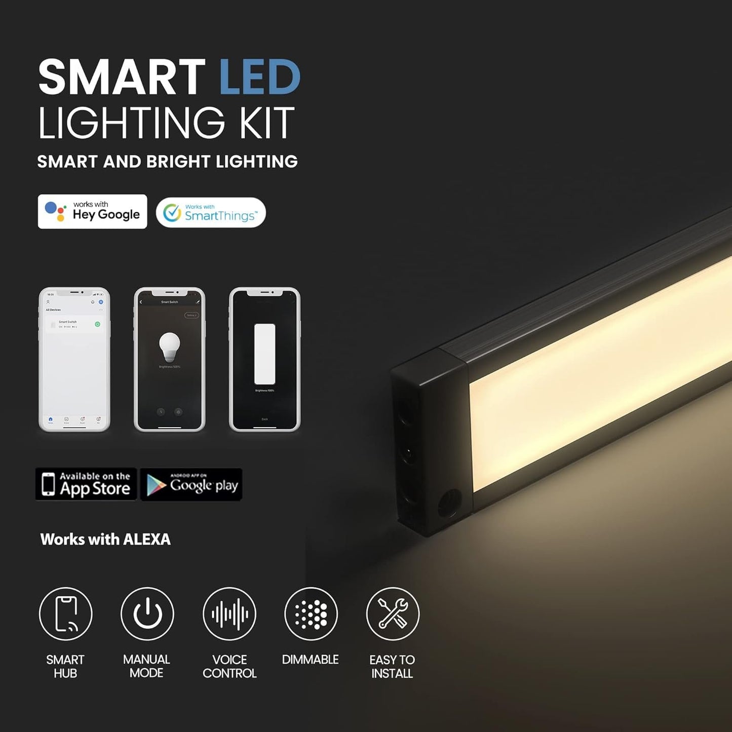 EShine 1 Pack 20 inch Black Smart Dimmable LED Under Cabinet Lighting Kit Compatible with Alexa, Google - Light Color Warm White (3000K)