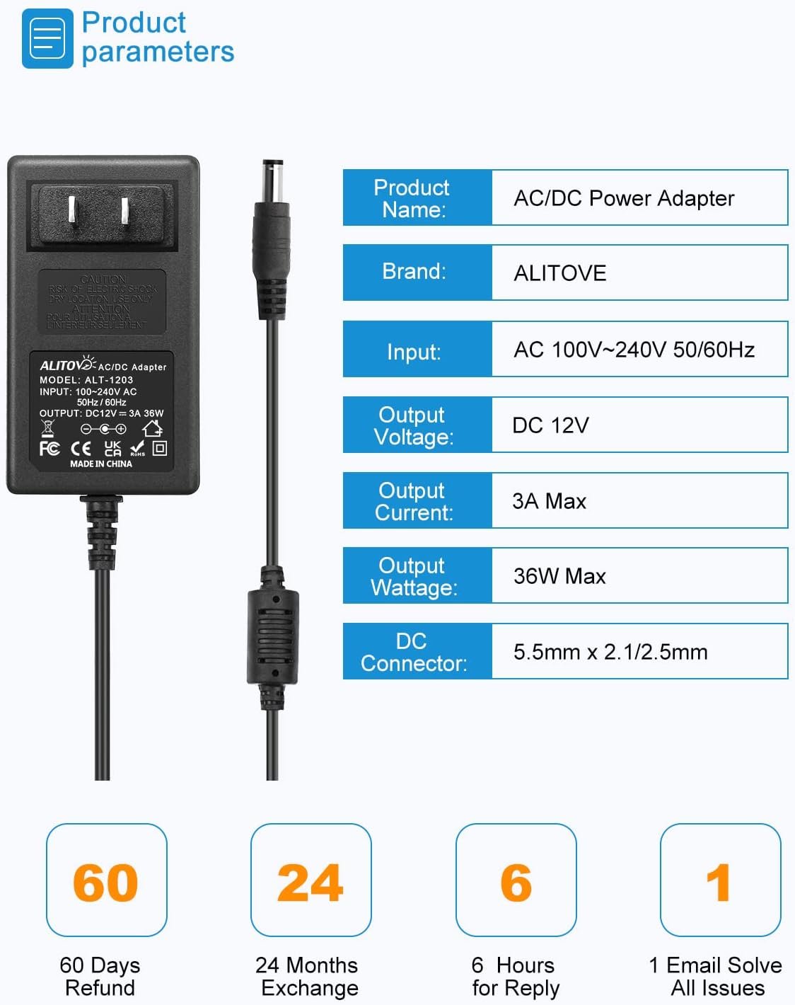 ALITOVE 12V 3A Power Supply Adapter, 100~240V AC to DC 12V 3A 36W Converter, 5.5mm x 2.1mm/2.5mm DC Plug for LED Strip Light, CCTV, Router