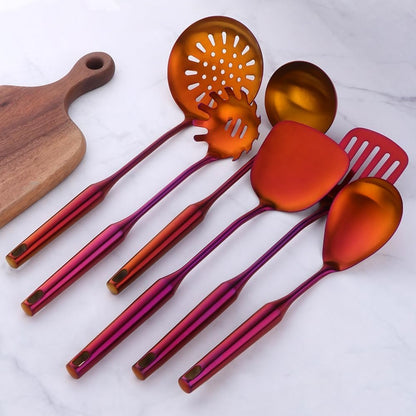 Set di 10 utensili da cucina in acciaio inox con utensili da cucina in titanio arancione rosso e utensili da cucina e gadget, tra cui cucchiai, spatole, spatole e mestolo
