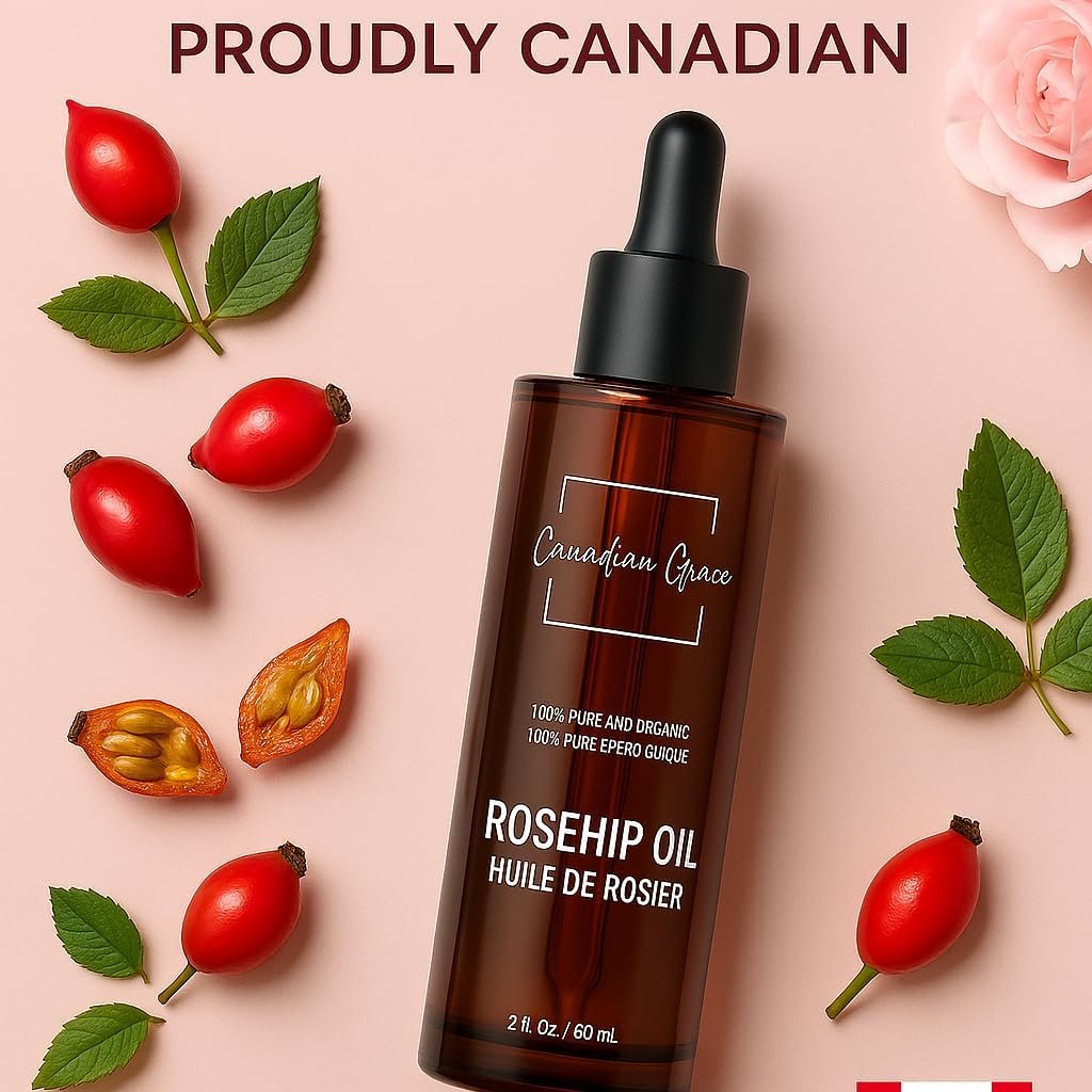 Canadian Grace Organic Rosehip Oil, Natural Cold-Pressed & Authentic for Skin Rejuvenation & Nourishment, 100% Pure & Organic Oil, Deeply Moisturizes & Hydrates Skin - 60ml