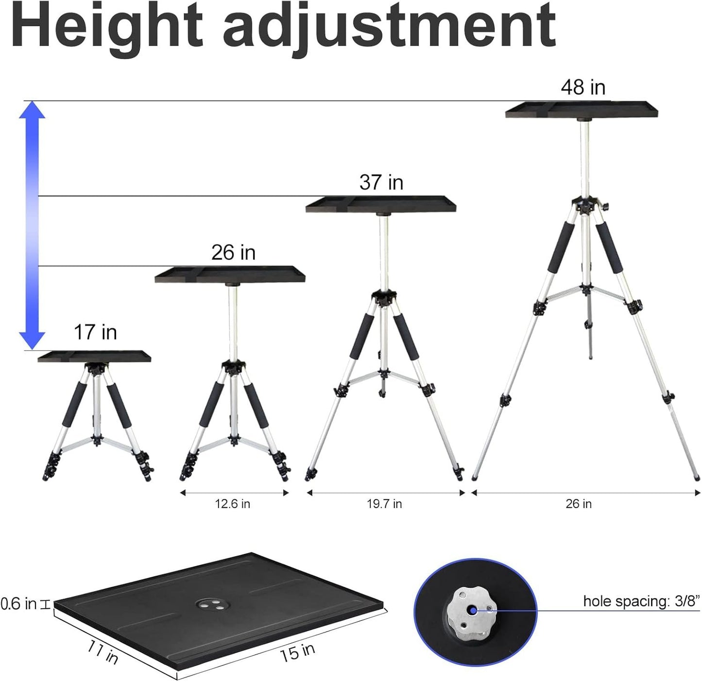 SKERELL Projector Stand, Universal Laptop Stand, Aluminum Alloy Tripod with Tray and Ball Head, Carrying Bag, Adjustable Height from 17 to 48 Inch (Silver)
