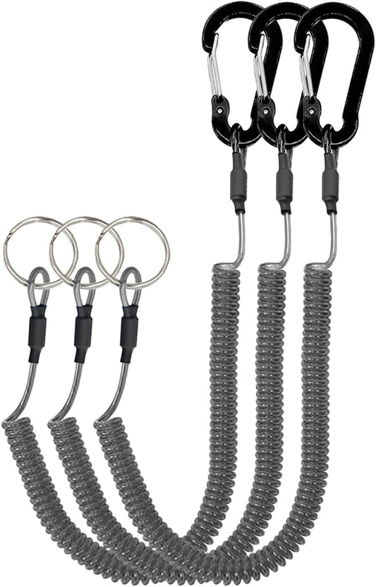 Lix&Rix Spiral Retractable Safety Coiled Lanyard with Stainless Steel Clip Keychain Ring Carabiner for Keys Fishing Tools,3pcs