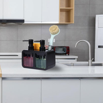 GINZER Dish Soap Dispenser for Kitchen Countertop with Sponge Caddy and Brush Holder - Refillable Non-Slip Dual Pump 4-in-1 Dispenser Soap Dispenser for Kitchen Sink, Essential Kitchen Gadgets – Black