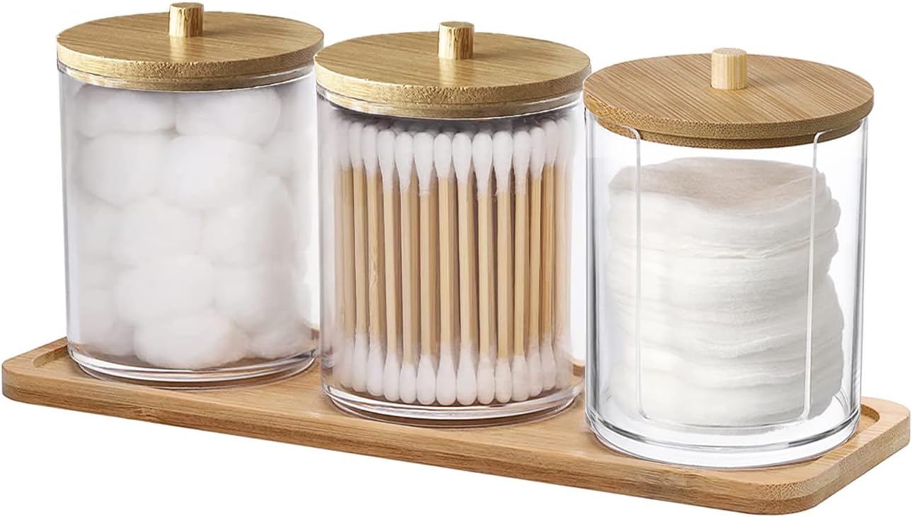 Qtip Holder Dispenser with Bamboo Lids and Vanity Tray - 10 oz Clear Plastic Apothecary Jar Containers for Vanity Makeup Organizer Storage - Bathroom Accessories Set for Cotton Swab, Ball, Pads, Floss