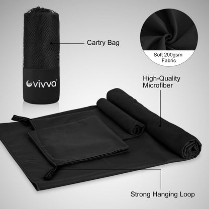 Vivva Microfibre Towel Travelï¼ŒCamping Towels Set of 3, Quick Drying Bath Towels, Sports Fitness Reversible Fleece Quick Drying Towels for Gym, Pool, Yoga, Beach, Outdoor Travel (Black)