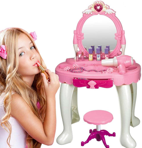 BAKAJI Make-Up Table Mirror Toy for Children Dressing Table with Stool Lights Sounds Hair Dryer Battery Operated and Game Accessories Size 45 x 32 x 72 cm