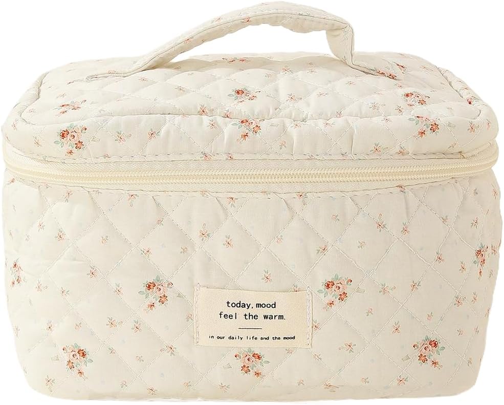 Travel Quilted Cotton Makeup Bag,Large Makeup Bag, H HOME-MART Large Floral Cosmetic Bag for Women Girls, Floral Coquette Aesthetic Toiletry Bag, Flower Travel Toiletry Accessories