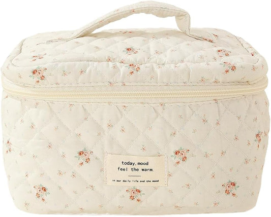 Travel Quilted Cotton Makeup Bag,Large Makeup Bag, H HOME-MART Large Floral Cosmetic Bag for Women Girls, Floral Coquette Aesthetic Toiletry Bag, Flower Travel Toiletry Accessories
