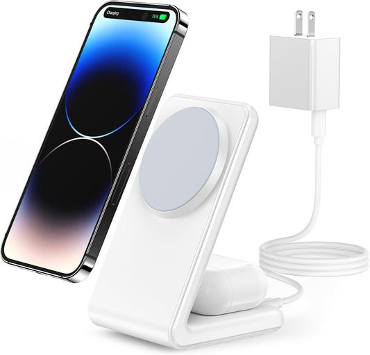 Meifigno 2-in-1 for Magsafe Charger Stand with [PD3.0 20W USB-C Charger Block & Cable] - Fast Charging Wireless Charger for iPhone 16/15/14/13/12 Pro Max, AirPods, White