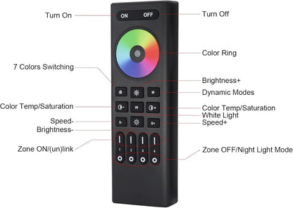 MALIIGAZA 2.4G Wireless RF Remote for WB5 Controller, Suitable for RGB RGBW RGBCCT LED Strip Lights, 4 Zone Group Control, Brightness Dimming, Color Changing, RC03RFB Touch Control