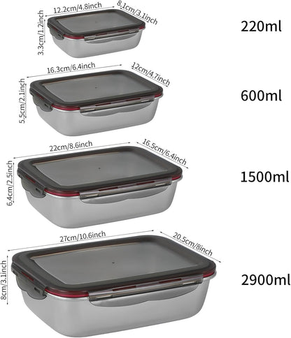YLARMY 4PCS Stainless steel Food Storage Container with lids - Leakproof & Airtight for Kitchen,Meal Prep Lunch Box, Stackable Leftover Containers for Freezer Oven Safe - 220ml/600ml/1500ml/2900ml