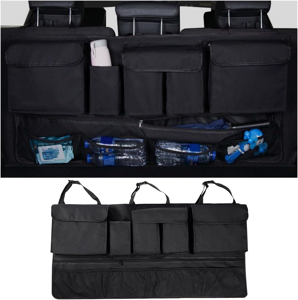Mandark Car Trunk Organizer, Super Capacity Vehicle Hanging Backseat Cargo Storage Bag with Robust Elastic Net, Detachable Auto Seat Back Organizing Bag, Universal for SUV, Truck, RVï¼ˆBlack/Blackï¼‰