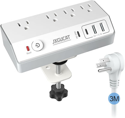 PD 20W USB C Desk Clamp Power Bar, JXGUCAT Removable Fast Charging Desktop Edge Power Strip Surge Protector, 10ft Extension Cord Flat Plug with 4 Outlet 4 USB Ports, Fit 1.8" Tabletop Edge