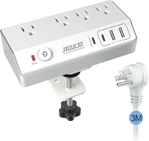 PD 20W USB C Desk Clamp Power Bar, JXGUCAT Removable Fast Charging Desktop Edge Power Strip Surge Protector, 10ft Extension Cord Flat Plug with 4 Outlet 4 USB Ports, Fit 1.8" Tabletop Edge