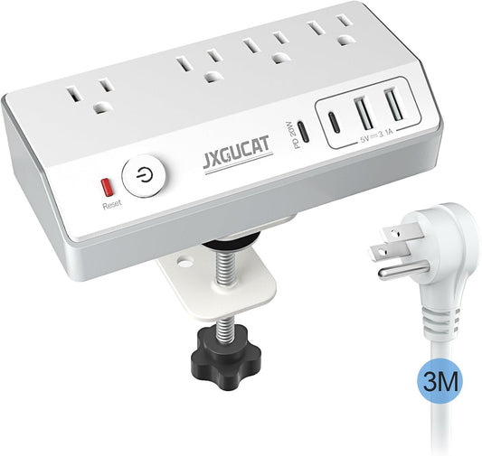 PD 20W USB C Desk Clamp Power Bar, JXGUCAT Removable Fast Charging Desktop Edge Power Strip Surge Protector, 10ft Extension Cord Flat Plug with 4 Outlet 4 USB Ports, Fit 1.8" Tabletop Edge