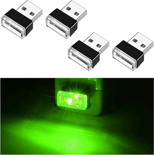 Ziciner 4 PCS USB LED Car Interior Atmosphere Lamp, Portable Mini LED Night Light, Plug-in USB Interface Trunk Ambient Lighting Kit, Universal Car Interior Accessories (Green)