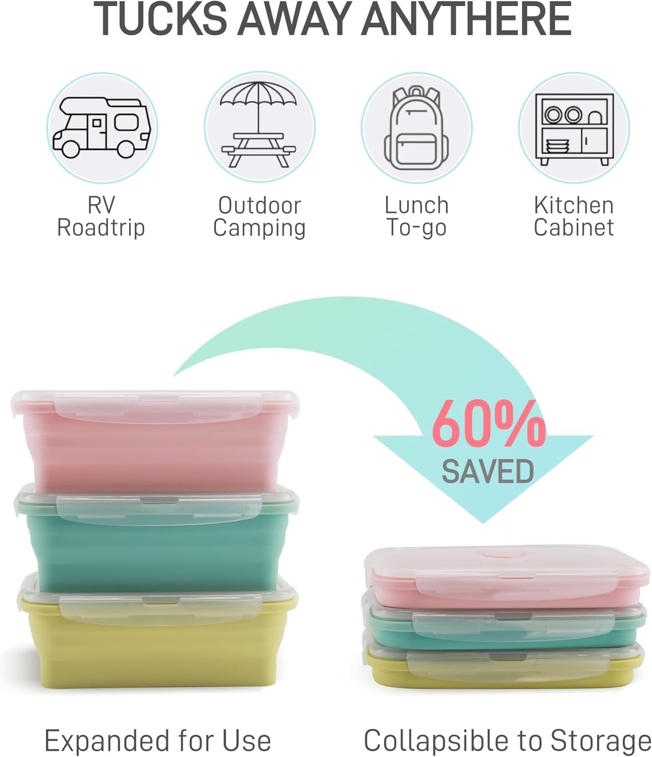 Collapsible Silicone Food Storage Containers with Lids, 6 Pack Reusable Collapsible Bowls, Silicone Lunch Box Set Food Containers for Meal Prep, Travel, Camping & Leftovers