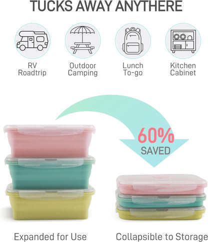 Collapsible Silicone Food Storage Containers with Lids, 6 Pack Reusable Collapsible Bowls, Silicone Lunch Box Set Food Containers for Meal Prep, Travel, Camping & Leftovers
